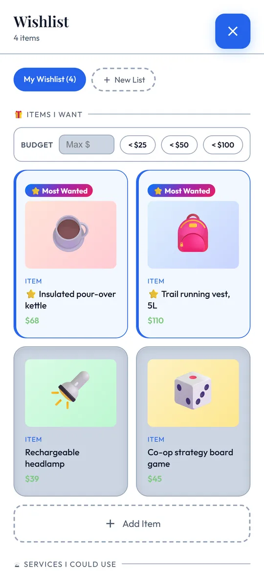 A Giv-able wishlist with two items starred as Most Wanted.